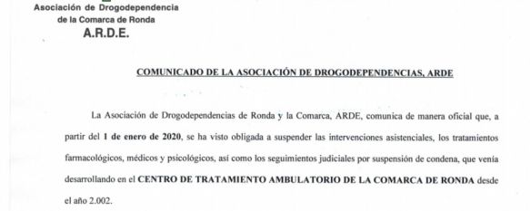 ARDE anuncia la suspensión de la actividad del Centro de Tratamiento Ambulatorio, En un comunicado, la presidenta de la asociación explica que el Ayuntamiento de Ronda rehúsa prorrogar el convenio de colaboración que mantenía con el centro desde 2004 , 02 Jan 2020 - 16:36