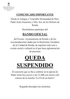 Anuncio de la suspensión del concierto que tenía prevista su celebración esta noche en la Iglesia de Padre Jesús. // Hermandad de Nuestro Padre Jesús Nazareno