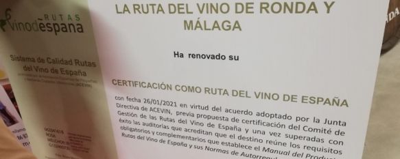 La Ruta del Vino de Ronda y Málaga renueva por dos años más su certificación, La Asociación de Ciudades del Vino ha felicitado a las bodegas de la comarca por superar el pasado noviembre varias auditorías con satisfactorias calificaciones, 11 Feb 2021 - 12:24