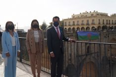 Al finalizar el acto se ha desplegado la bandera del Pueblo Gitano sobre el Puente Nuevo. // Junta de Andalucía