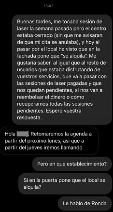 La empresa ha manifestado a un cliente a través de una red social que el centro retomaría su actividad el próximo lunes 19 de julio. // Afectado clínica láser