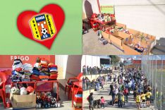 Parte de la comida y el material deportivo recolectado. Mucho público en El Fuerte. // Paco Gil
