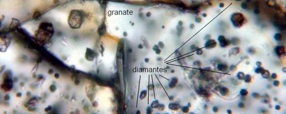 Los diminutos diamantes se encuentran dentro de las manchas rojizas que existen en determinadas rocas, llamadas granates. // Universidad de Málaga