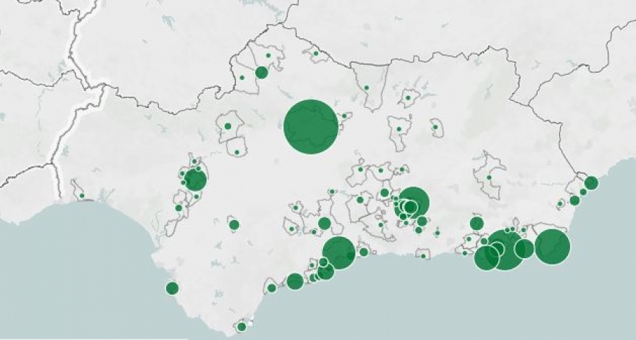 Mapa de diagnosticados por PCR en Andalucía durante la última semana