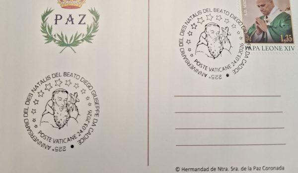 El matasellos en la postal publicada por la Hermandad de la Paz con motivo de esta efeméride