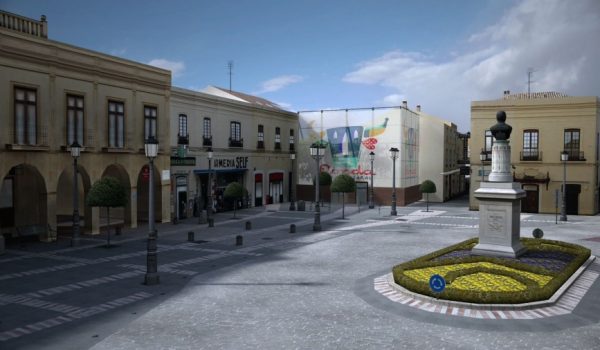Imagen de la Plaza de España de Ronda en Gran Turismo 6, donde aparece el nuevo logo turístico de la ciudad.