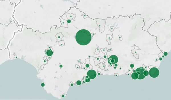 Mapa de diagnosticados por PCR en Andalucía durante la última semana